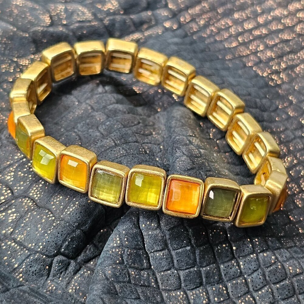 Vintage Gold Tone Stretch Bracelet With Multi-Color Gemstone Inlays